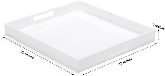 White Modern Acrylic Ottoman Tray with Cutout Handles 22x22 Inch Over-Sized Serving Tray Rubber Boot Tray Organizer Decorative Tray for Living Room, Bedroom,Bathroom and Kitchen Tabletop
