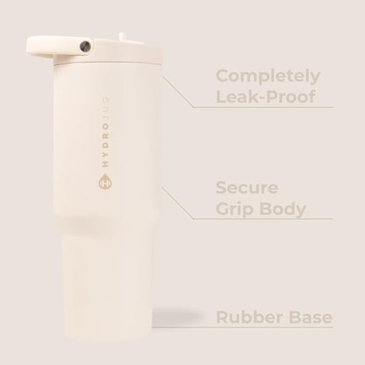 HydroJug Sport - Stainless Steel Tumbler with Straw, Vacuum Insulated, 32oz Leakproof Water Bottle, Ergonomic Design, Reusable, Dishwasher Safe, Rubber Base, Durable for Gym or Outdoors, Cream