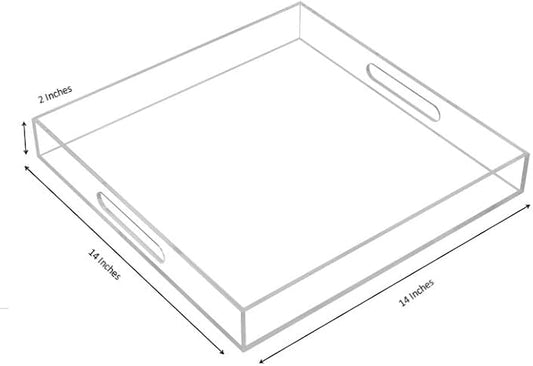 Clear Sturdy Acrylic Serving Tray with Handles - 14x14Inch - Coffee, Appetizer, Breakfast, Butler Tray - Kitchen Countertop & Makeup Drawer Organizer