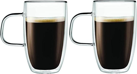 Godinger Handled Mug Double Wall Glass Coffee Cups Insulated for Drinking Espresso Latte Mocha Tea – 15 oz – Set of Two