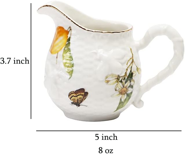 Sizikato Porcelain Creamer Pitcher with Handle, 8oz Service Pitcher for Tea Coffee Milk. Lemon and Butterfly Pattern