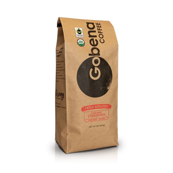 2lb Fair Trade Organic Certified Ethiopian Yirgacheffe Ground Dark Roast Coffee, 100% Arabica Specialty Coffee, 32 ounces, 2 pounds, Bulk Coffee