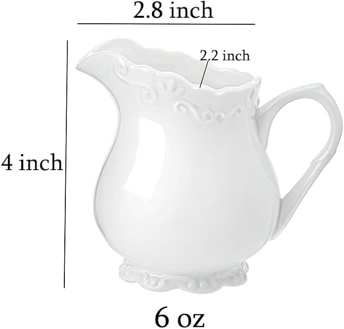 2Pcs Vintage Pure White Ceramic Creamer with Handle, 6 Oz Coffee Milk Creamer Pitcher.