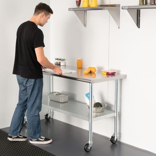 HARDURA Stainless Steel Table with Wheels 24 x 48 Inches Casters NSF Heavy Duty Commercial Work & Prep Table with Undershelf and Galvanized Legs for Restaurant Kitchen Bar and Hotel Garage