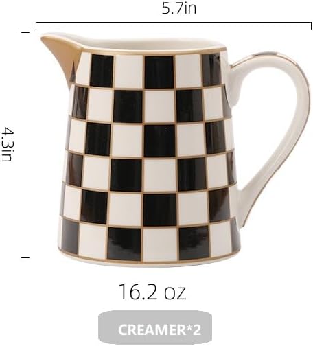 Porlien Checker Porcelain Creamer Pitcher Set of 2, Ceramic Milk Pitcher for Coffee Tea Espresso Cappucino Latte