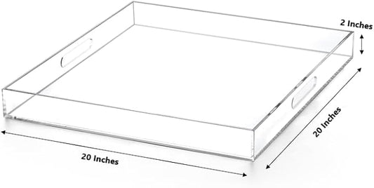 Clear Acrylic Ottoman Tray with Cutout Handles 20x20 Inch Over Sized Serving Tray, Organizer Rubber Boot Tray Decorative for Living Room Bedroom,Bathroom and Entryway Kitchen Tabletop