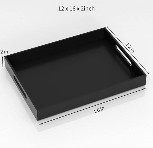 NIUBEE Black Serving Tray 12x16 Inches - Spill-Proof Acrylic Organizer with Handles for Coffee Table, Ottoman & Countertop | Decorative Tray for Breakfast in Bed, Drink Serving & Home Organization