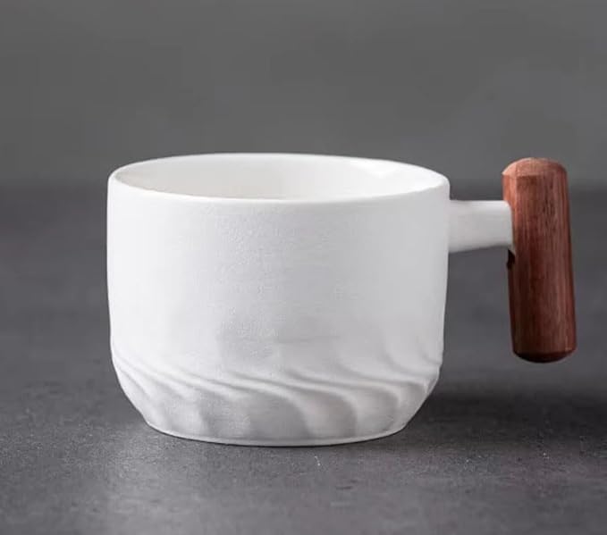 PRINCE G Japanese Style Ceramic Mug 130 ml with Matching Saucer – Handmade Minimalist Espresso, Coffee, Tea & Matcha Cup, Ideal Gift Set with Handgrip (WHITE)