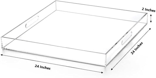 Extra Large Clear Acrylic Ottoman Tray with Cutout Handles 24x24 Inch Over-Sized King-Size Serving Tray Boot Organizer Decorative Tray for Living Room Bedroom,Bathroom and Kitchen Entryway