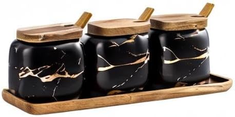 3 Pcs Porcelain Condiment Jar Pot Spice Container Ceramic Seasoning Jar with Lid Spoon and Tray Great for Home Kitchen Counter, Black
