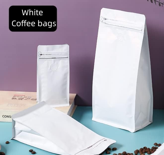Coffee Bags with Valve(12 oz,3/4 lb,50pcs) White High Barrier Aluminumed Foil Flat Bottom Heat Sealed Coffee Beans Packaging Bags Side Zipper Resealable Bags for Home or Business