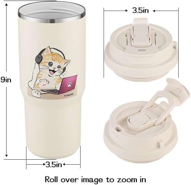 Funkrin Insulated Coffee Mug with Straw & Flip Lid, 24oz Tumbler Cup with Ceramic Coating, Double Wall Vacuum Leak-Proof Travel Mug wiht tea infuser for Office School Party Camping