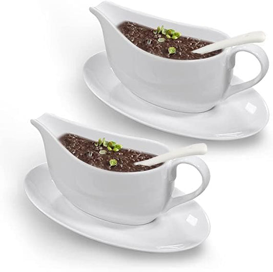 Qlans Gravy Boat With Ladle and Saucer 17 Oz,Ceramic Sauce Boat with Tray for Salad Dressings Milk,Warming Sauces,Creamer,Broth,Black Pepper,White (2 PCS New Gravy Boat With Ladle and Saucer)