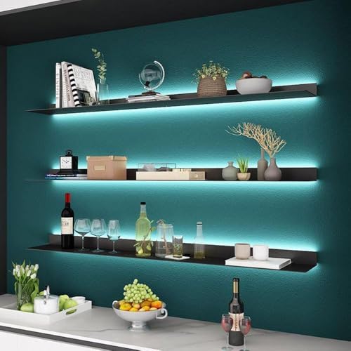 LED Floating Wall Shelves, Metal Display Storage Shelf, Wall-Mounted Steel Plate Shelving for Home, Office, Commercial Bar - 100x20x6CM, Modern Decor