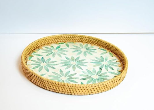 Magenta & Teal Round Rattan Serving Tray with Mother of Pearl Inlay, Wicker Coffee Table Decor, Farmhouse Style (Green Flower)