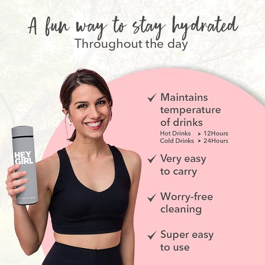 Hey Girl Tea Infuser Bottle 450ml - Insulated Stainless Steel Water Bottle - Tea Tumbler with Tea Diffuser - Portable Travel Mug for Loose Leaf Tea & Infused Water - Tea Lovers Gifts for Women