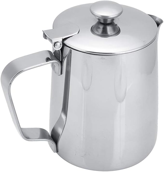 Stainless Steel Milk Frothing Pitcher, Stainless Steel Coffee Cup Mug Milk Frothing Pitcher Jug with Lid for Latte Coffee Art for Office Kitchen with handle(350ml)