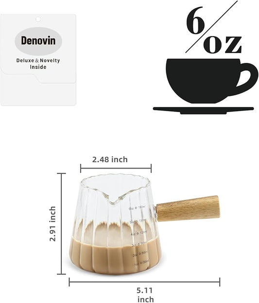 Glass Measuring Cup, 6oz Creamer Pitcher with Wood Handle, Creative Milk Frothing Pitcher Creamer Shot Glass (Transparent)