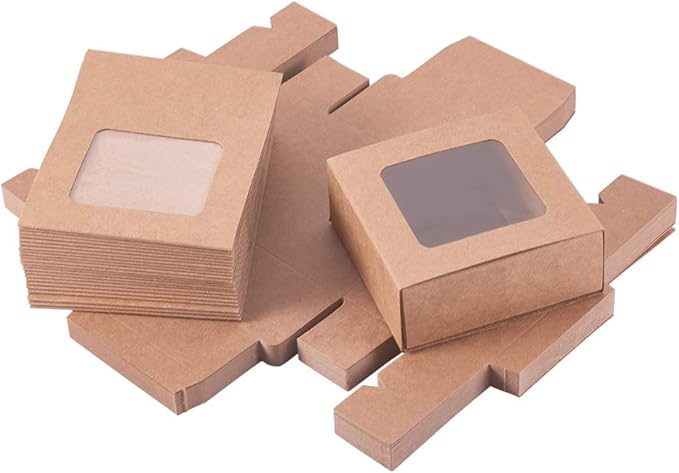 BENECREAT 24 Packs Square Kraft Paper Drawer Boxes with PVC Window Lid 2.5x2.5x1.2 Paper Gift Boxes for Bakery Party Favor Treats Storage