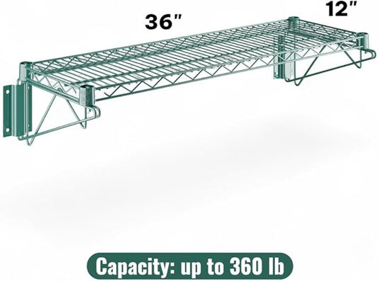 12" x 36" Green Wall-Mounted Wire Shelf with Epoxy Coating, Heavy-Duty Steel Storage Rack, NSF Certified, Easy Installation, Open Wire Design for Kitchen, Garage, or Utility Storage