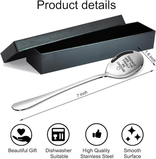 Friends Are The Family We Choose Engraved Stainless Steel Spoon, Funny Love Heart Engraved Spoons for Having Coffee Tea Eat Ice Cream, Birthday Gifts for Friends Family Bestie