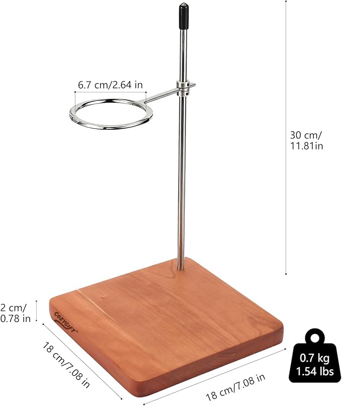COZYGIFT Pour Over Coffee Maker Stand with Solid Cherry Base, Stainless Steel Adjustable Dripper Holder, Wooden Brewing Station, Cone Brewer Rack, Barista Accessories & Kitchen Coffee Décor