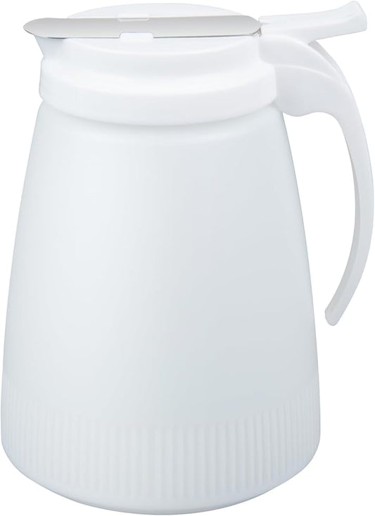 Restaurantware-Chef 101 48 Ounce All Purpose Syrup Dispenser, 1 Honey Dispenser - White Top, Stainless Steel Slide Cover, Plastic Pancake Syrup Bottle, Perfect For Diners, Restaurants, Home