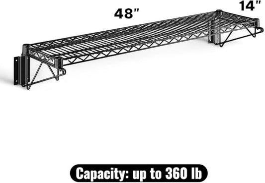 14" x 48" Black Wall-Mounted Wire Shelf with Epoxy Coating, Heavy-Duty Steel Storage Rack, NSF Certified, Easy Installation, Open Wire Design for Kitchen, Garage, or Utility Storage