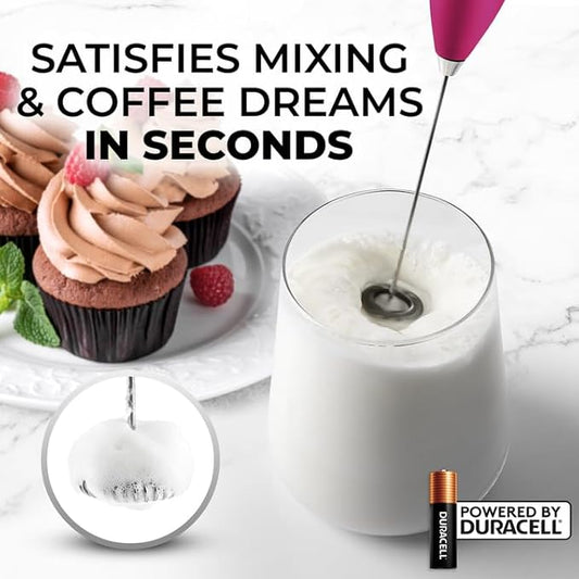 Zulay Kitchen Milk Frother Wand Drink Mixer with AA Duracell Batteries- Durable Handheld Milk Frother Electric Whisk - Easy-Clean Milk Frother Wand & Blender - Electric Coffee Frother - Dragonfruit