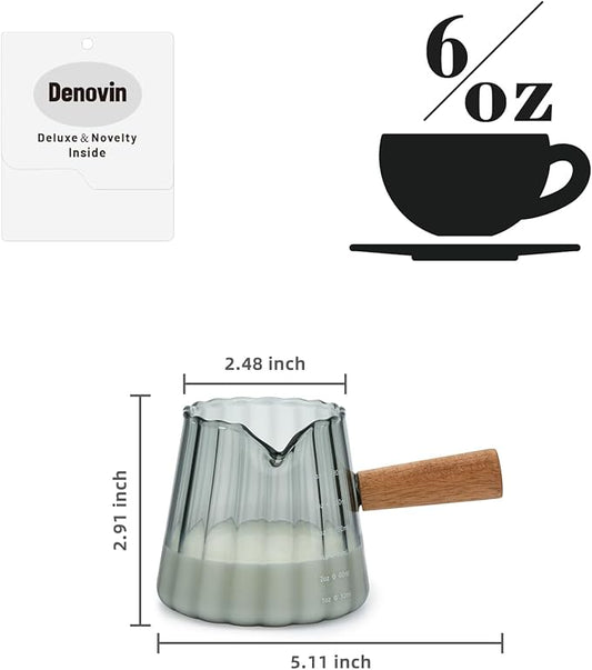 Glass Measuring Cup, 6oz Creamer Pitcher with Wood Handle, Creative Milk Frothing Pitcher Creamer Shot Glass (Gray)