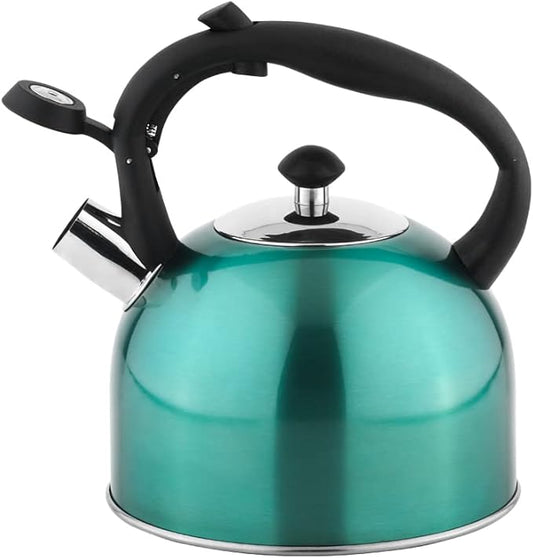Amazon Basics Stainless Steel Tea Kettle, Hot Water Kettle with Whistle Spout, Fast Boiling, Ergonomic Handle, 2.3 Liter, Teal