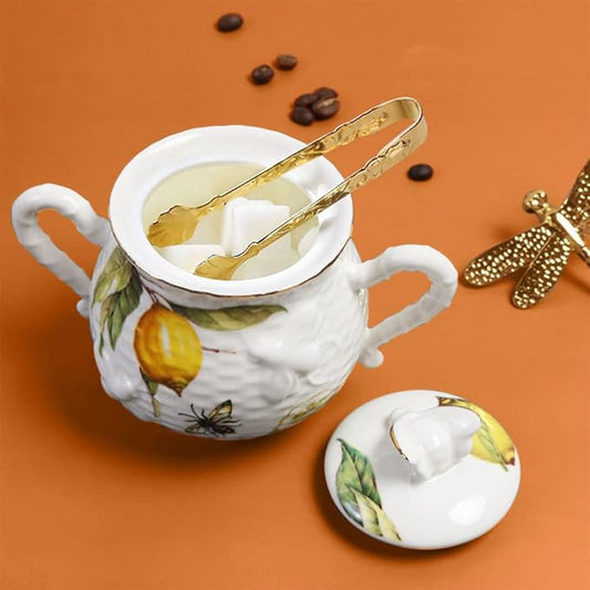 Sizikato Porcelain Creamer Pitcher with Handle, 8oz Service Pitcher for Tea Coffee Milk. Lemon and Butterfly Pattern