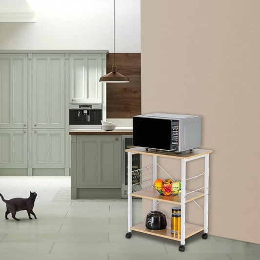 VINGLI Kitchen Cart, 3 Tier Standing Baker's Rack Utility Storage Shelf Microwave Oven Stand with 10 S-Shape Hooks Rolling Lockable Caster (Beige & White)