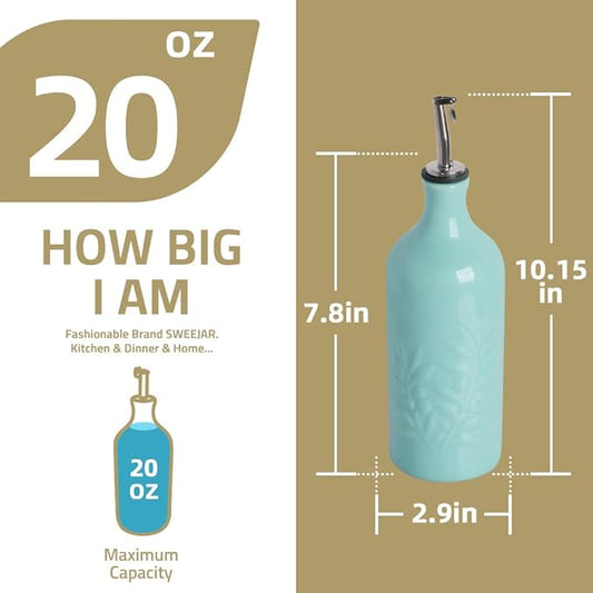 Sweejar Ceramic Olive Oil Dispenser Bottle, 20 Oz Relief Opaque Oil Cruet Protects To Reduce Oxidation, Suitable for Storage,Vinegar, Soy Sauce,Liquids,Set of 2 (White White)