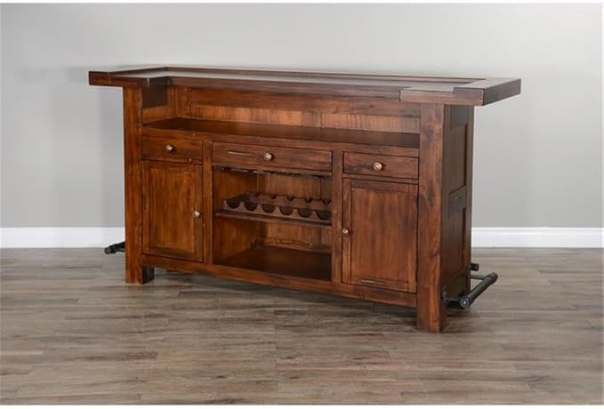 Pemberly Row Set of 3 Polished Brown Wood Bar Unit & 2 Swivel Barstool with Back