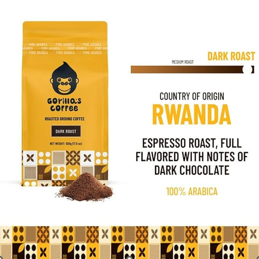 Gorilla's Coffee 100% Arabica - Dark Roast Ground Coffee, Fair Trade, Full Bodied, Bold, with a Touch of Smokiness | Premium Rwandan Coffee | Rich, Flavorful, and Aromatic (500g/17.6 oz)