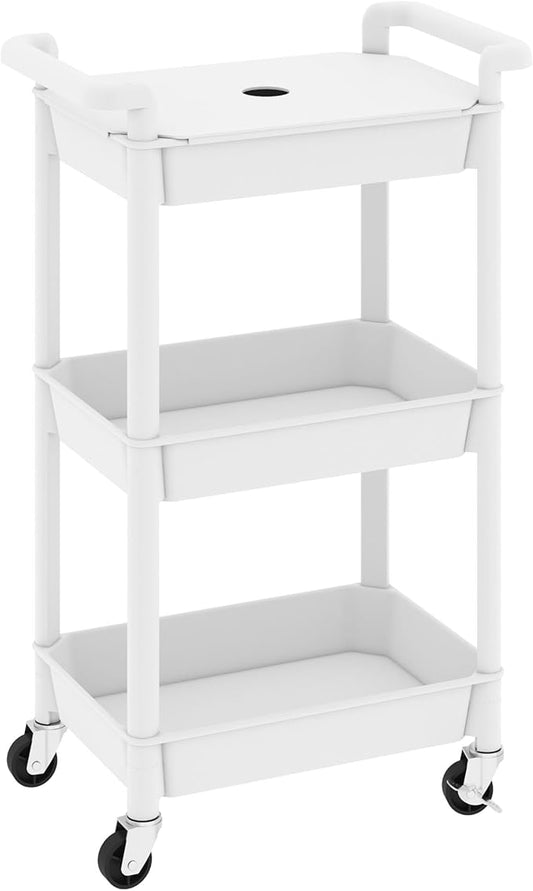 MIOCASA Utility Rolling Cart with Cover Top Board, 3-Tier Kitchen Storage Organization, Art Cart with Wheels for Office, Classroom, Livingroom, Kitchen, Bathroom (White, 3-Tier-Plastic)
