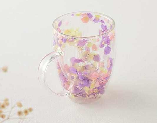 Double Glass Flower Tea Cup, Aesthetic Preserved Flower Cup, Cute Insulated Tea Cup with Handle, Heat Resistant & Lead-free Coffee Mugs, Gifts for Birthday Mother's Day, Perfect for Women Wife Mom (F)