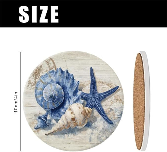 Drink Coasters Set of 6 with Holder Vintage Marine Style Wood Grain Nautical Coasters Cork Base Absorbent Ceramic Coasters,Ocean Themed Gifts,Suitable for Dining Tables & Coffee Tables
