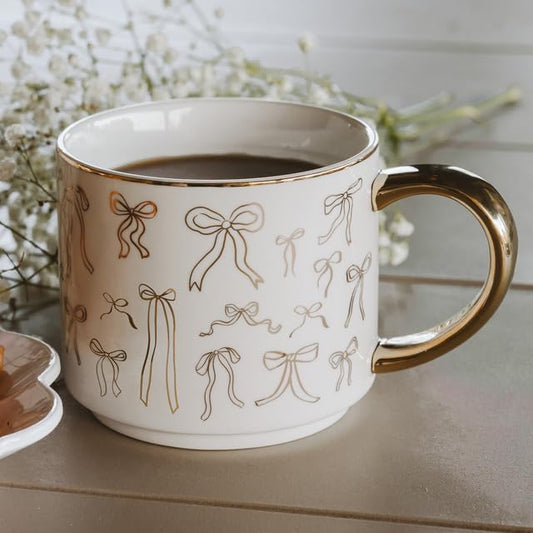 Sweet Water Decor Gold Bows Mug, 14oz Fine Bone China Coquette Tea Cup for Hot & Cold Drinks, Cute Coffee Mug with Golden Bow Patterned Design, Gold Handle & Rim, Gifts for Women
