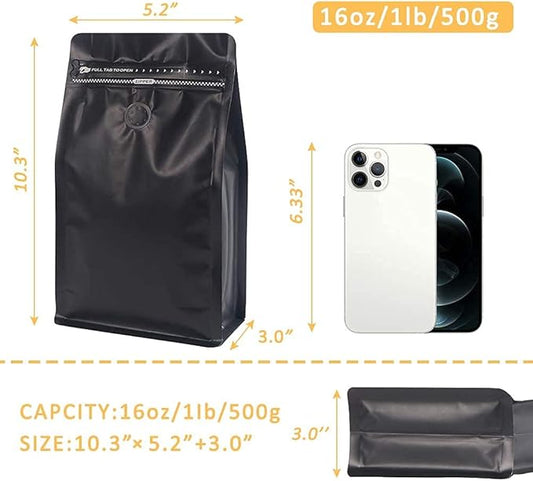 REMTAP Coffee Bags with Valve,(100pcs,16 oz,1lb) Black High Barrier Aluminum Foil Flat Bottom Stand up Empty Coffee Beans Storage Bag