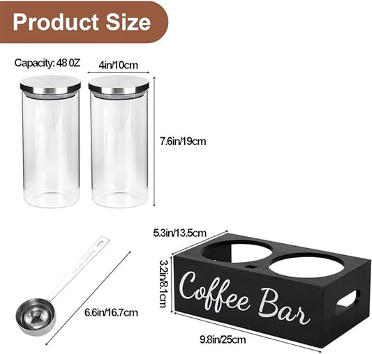 Glass Coffee Containers with Shelf & Scoop, 2 Pcs 48OZ Coffee Storage Jars with Airtight Lid for Coffee Beans, Coffee Powder, Nuts, Snack, Sugar, Tea, Black