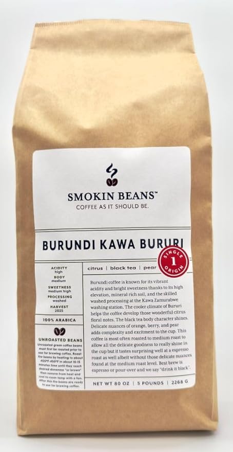 5-Pound Burundi Unroasted Green Arabica Coffee Beans, Fresh Current Crop Specialty Grade, Roast the Beans Yourself at Home on Your Roasting Equipment Prior to Using for Brewing Coffee