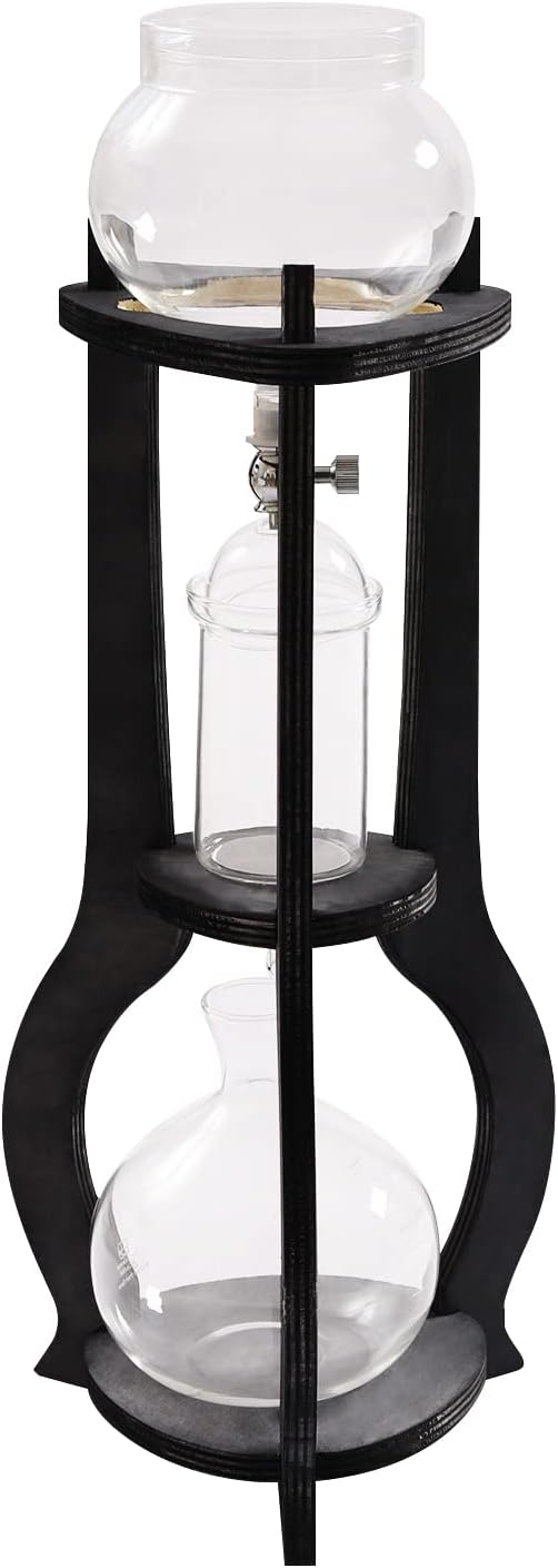 Iced Coffee Cold Brew Drip Tower Coffee Maker, Wooden Ice Coffee Machine, Stainless Steel and Borosilicate Glass, Long Neck Sharing Pot, with Measuring Spoon (Grey)