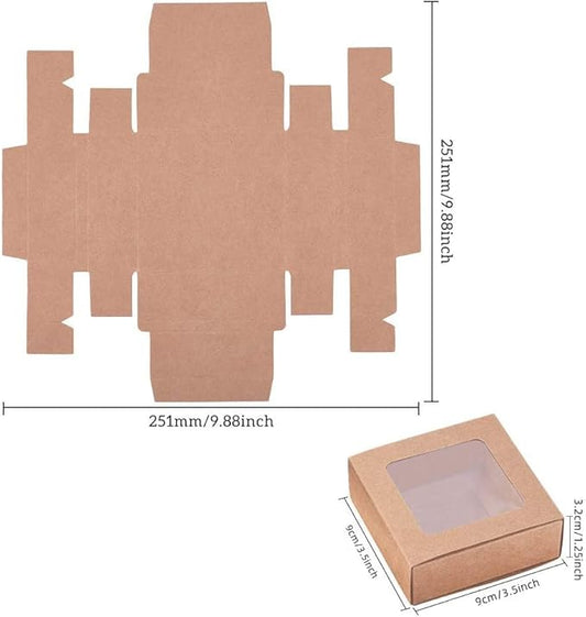 BENECREAT 20 Packs 3.5x3.5x1.2 Square Kraft Paper Gift Boxes Drawer Box with PVC Window Lid for Birthday Party Favor Treats Bakery and Candy