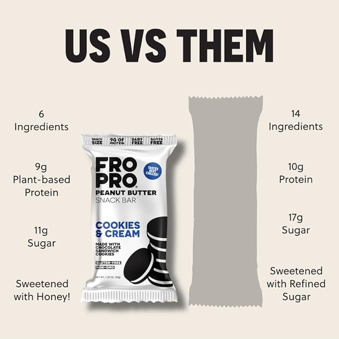 FROPRO Snack Bar - Peanut Butter Snack Bars - Gluten Free, Dairy Free, Non GMO, Plant Based Protein Snacks Bar - Crave-worthy & Great On-the-Go | Cookies and Cream, 24 Pack