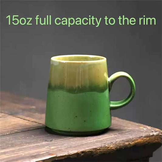 15oz Retro Japanese style Handmade Ceramic Coffee Mug - Unique Pottery tea cup, Lead-free Artisanal stoneware ceramic tea mug, Dishwasher & Microwave Safe Coffee cup for office and home, Green