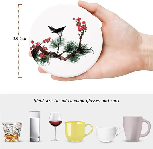 Drink Coasters for Drinks Set of 6, Traditional Oriental Ink Painting Absorbent Round Ceramic Stone Mat Coaster, with Cork Base and Metal Holder, Home Bar Decor House Warming Gift