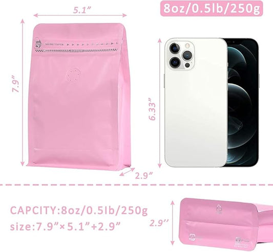 coffee bags with Valve High Barrier Aluminumed Foil Flat Bottom Standing Coffee Beans Storage Bags,Reusable Heat Sealable Side Zipper Pouches (8oz/50pc, Pink)