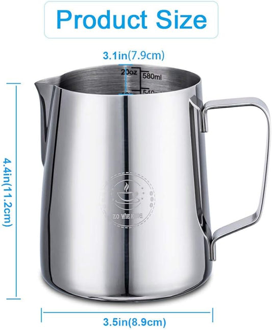 Milk Frothing Pitcher 20oz,Espresso Steaming Pitchers 600ml,Espresso Machine Accessories,Milk Frother cup 20 Oz, Coffee Cappuccino Latte Art,Stainless Steel Jug Cup with Decorating Art Pen